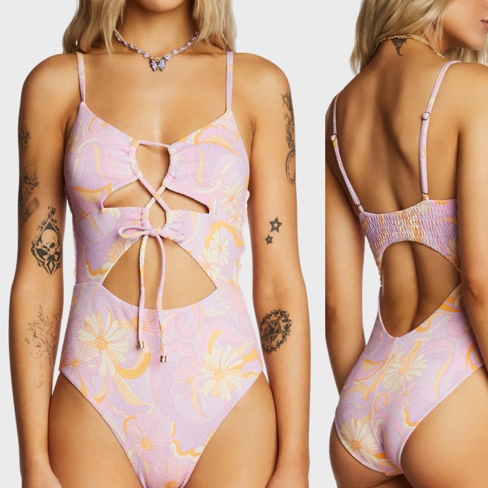 P2F Strappy Purple Floral One Piece Swimsuit Size XS
